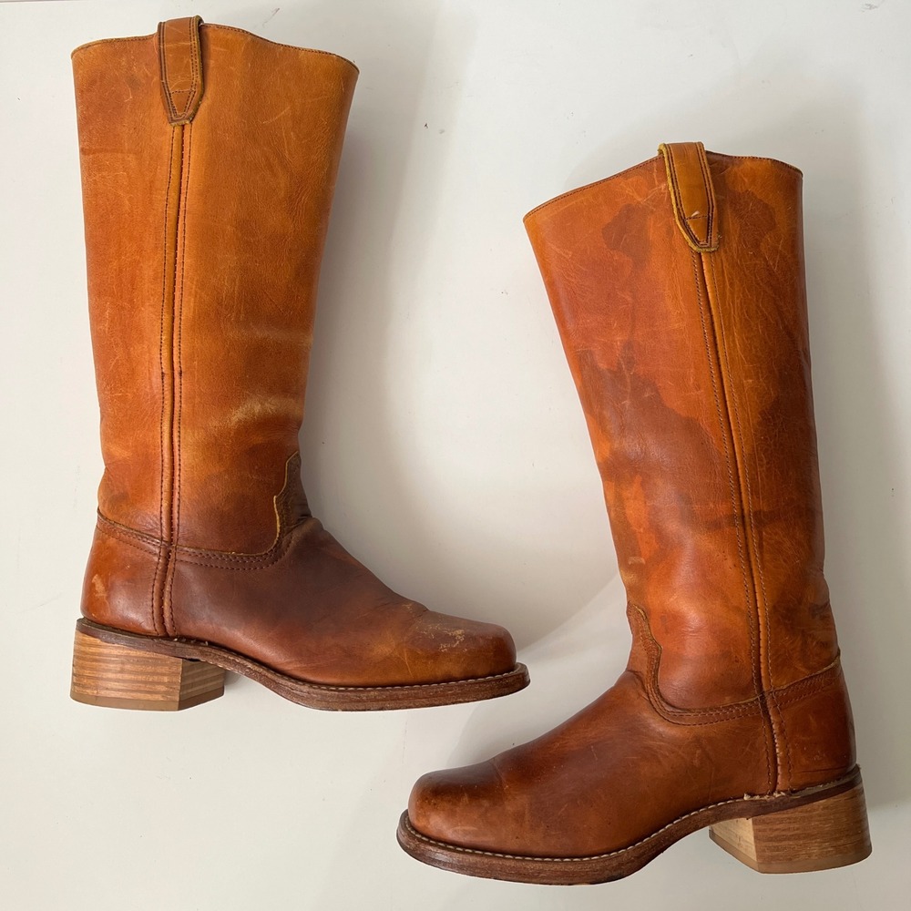 Vintage 70s Campus Boots Tall Leather Riding 6.5 Womens Brown Tan Square Toe